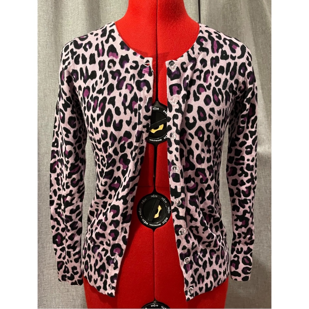 Lavender purple leopard spots cardigan- crystal button Girls 10/12 or Womens XS